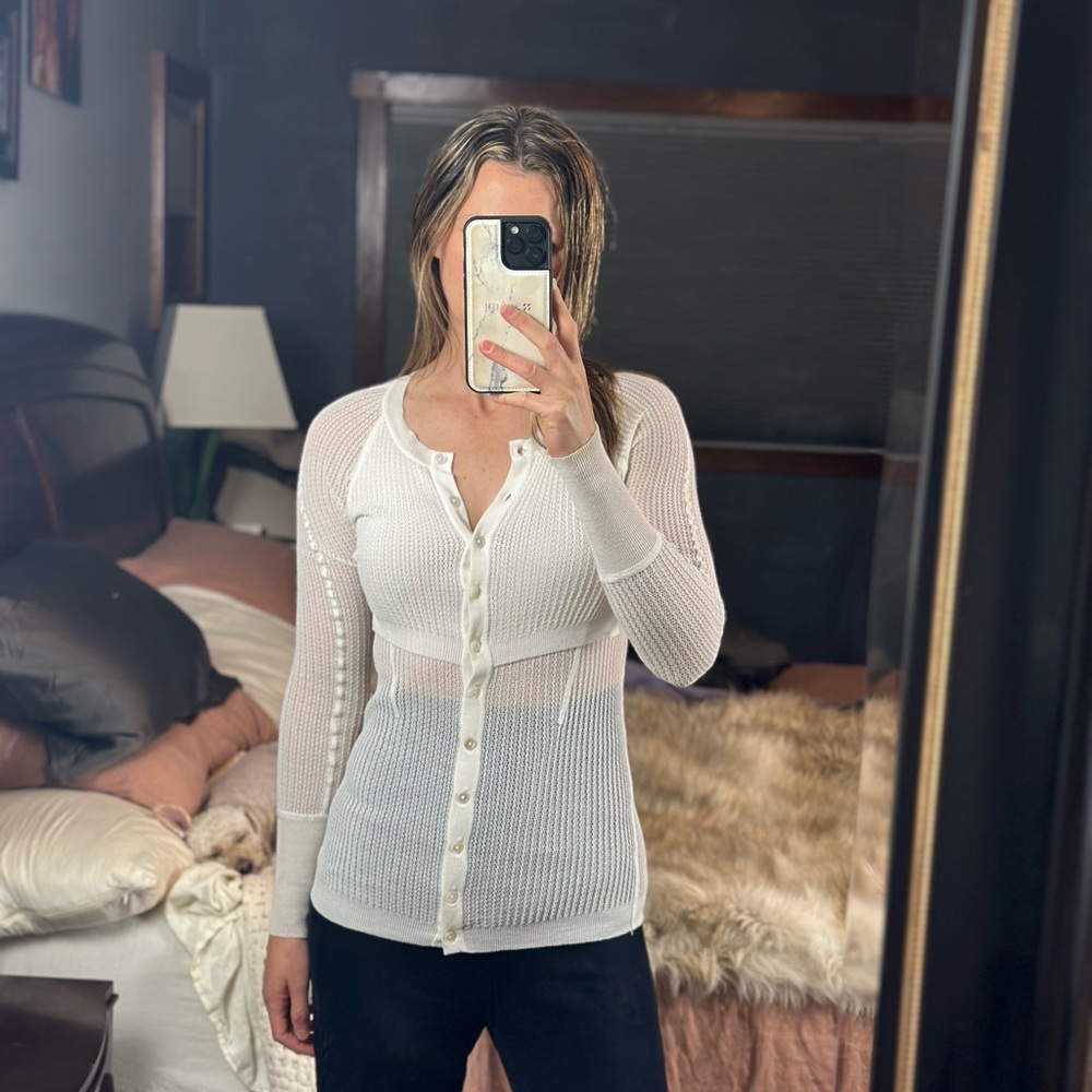 Alexander Wang White Button-Up Long Sleeve Knit Women's Top, Medium
